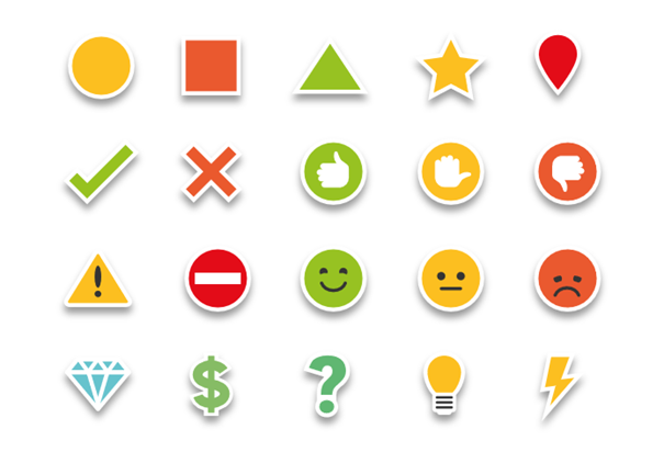 Ein Bild, das alle verfügbaren Klebepunkte enthält. Es handelt sich um geometrische Formen, Smileys und Symbole in den Farben Gelb, Rot und Grün.