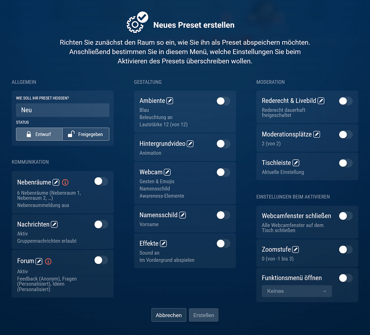 Screenshot des Preset-Editors mit Optionen in folgenden Bereichen: Allgemein, Kommunikation, Gestaltung, Moderation, Einstellungen beim Aktivieren.