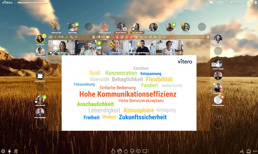 Screenshot eines vitero Raumes mit hellem Hintergrund und einer Folie mit Schlagwörtern auf der Anzeigefläche.